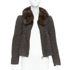 PRADA 2010 brown mink fur collar crinkled quilted puff sleeve jacket IT40 S